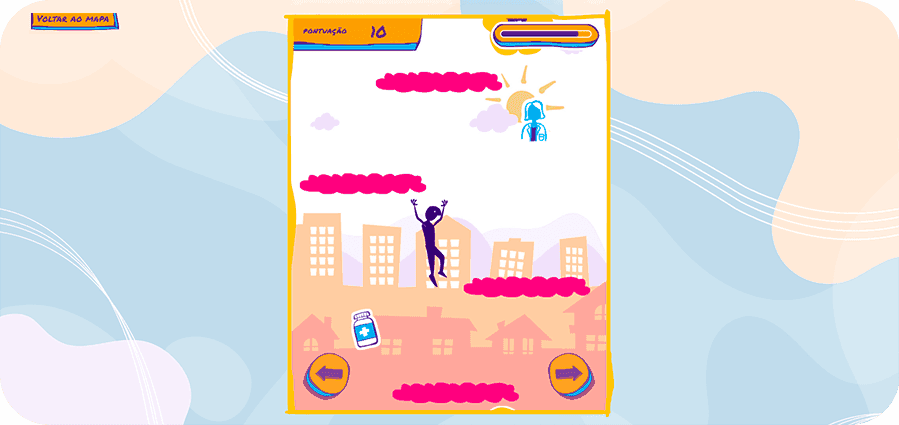 Jogo no estilo Doodle Jump construído para gamificação em empresas da Libbs mostra avatar saltando por plataformas, com elementos como remédios e médicos disponíveis como forma de boost. 